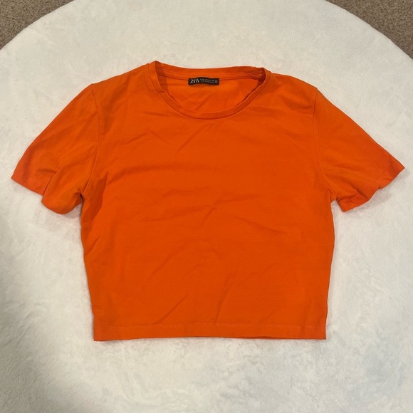 Zara Tops - Zara Bright Orange Cotton Blend Cropped Tee - Size M